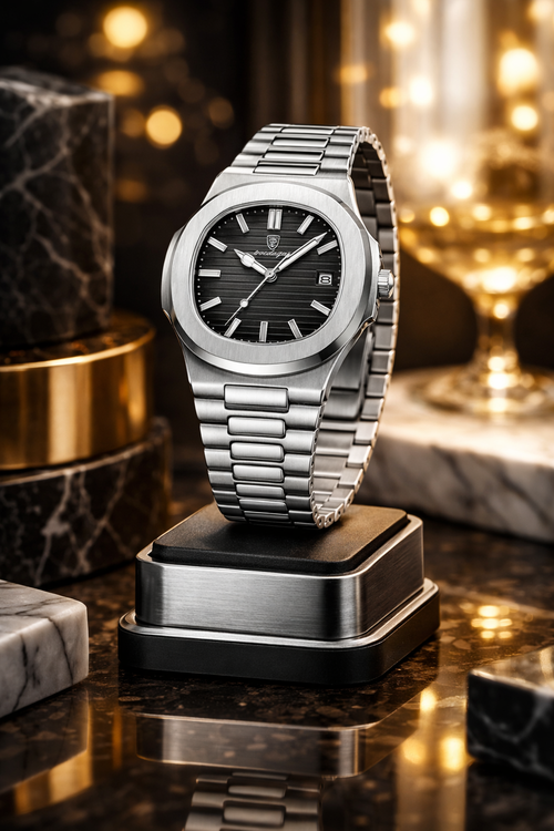 Montre Acier Prestige – Cadran Soleillé & Bracelet Intégré